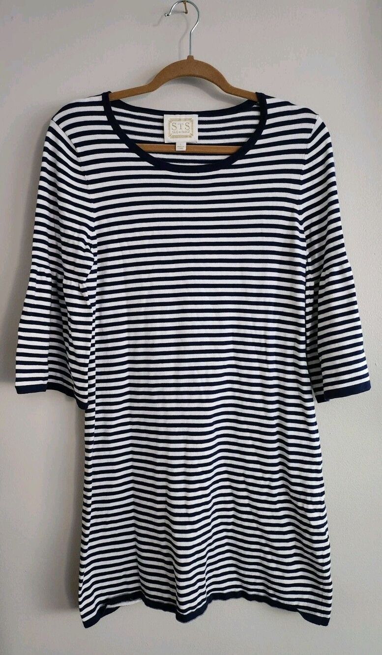 Sail To Sable Navy Striped Bell Sleeve Cotton Blend Dress Size Large